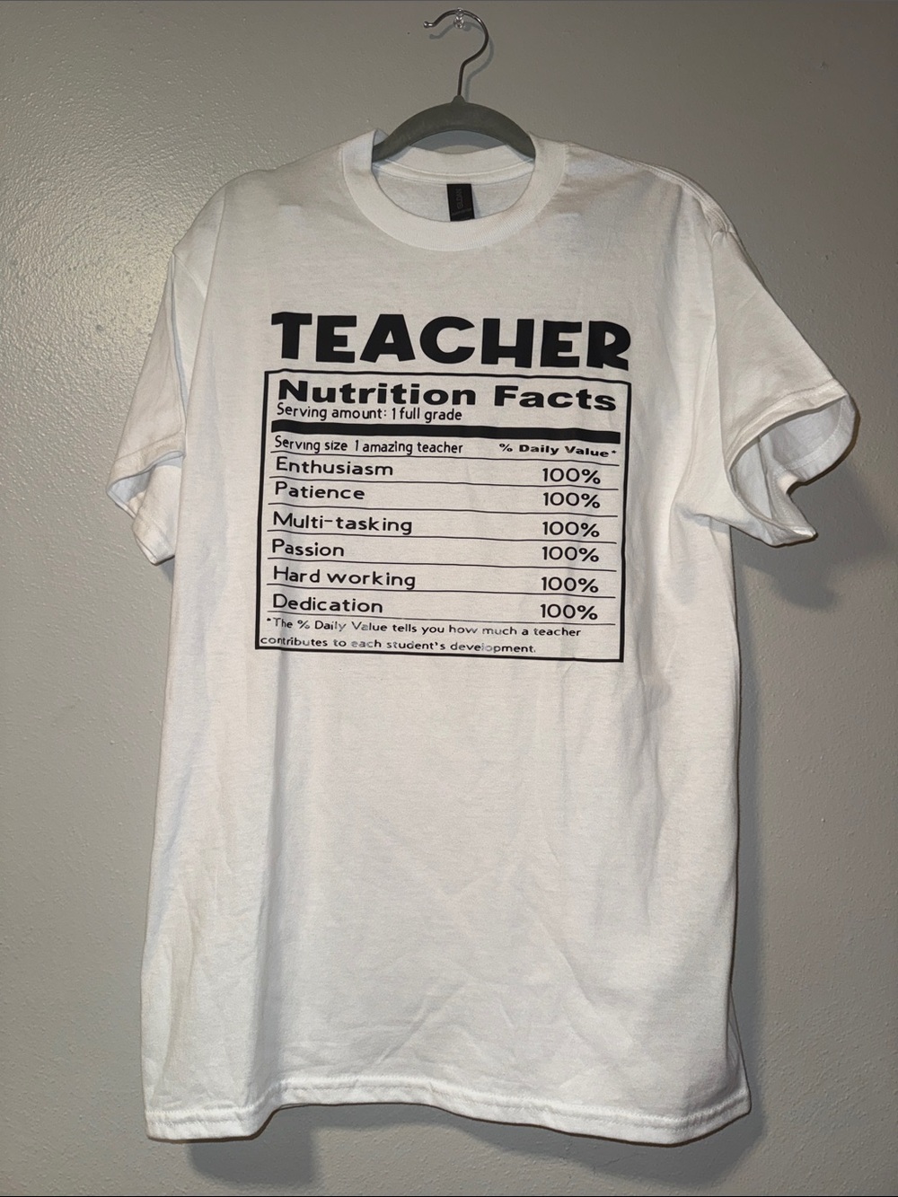 Gildan White Tee with Black 'Teacher Nutrition Facts' Graphic size M